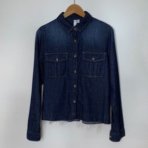 BP. contrast stitch released raw hem denim shirt